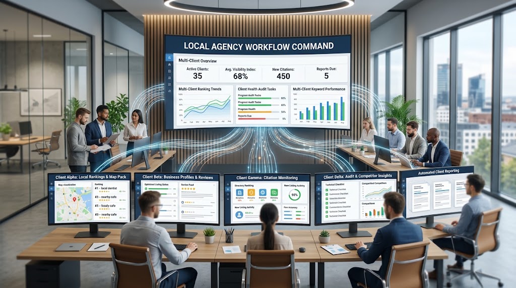 Local SEO agency workflow showing multiple client campaigns rankings and reporting