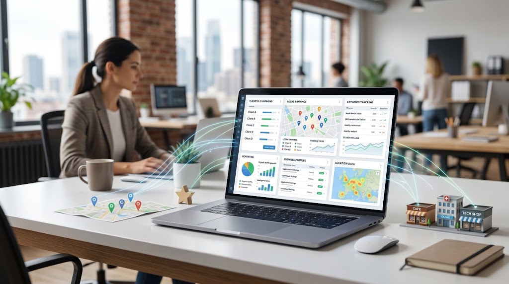 Local SEO software for agencies showing client campaigns, local rankings, reporting, and SEO workflows