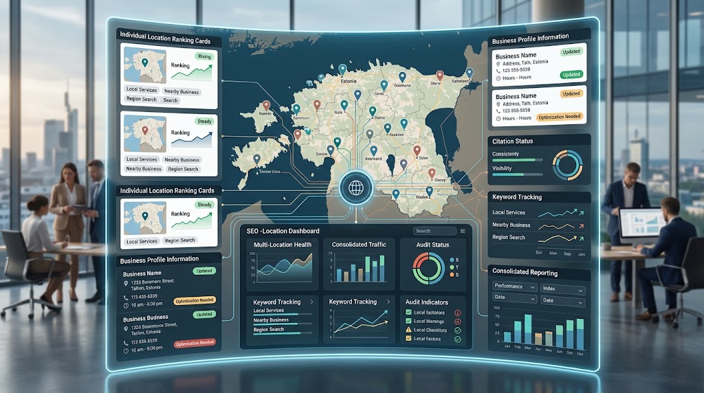 Multi-location local SEO management showing location rankings business profiles citations and reporting