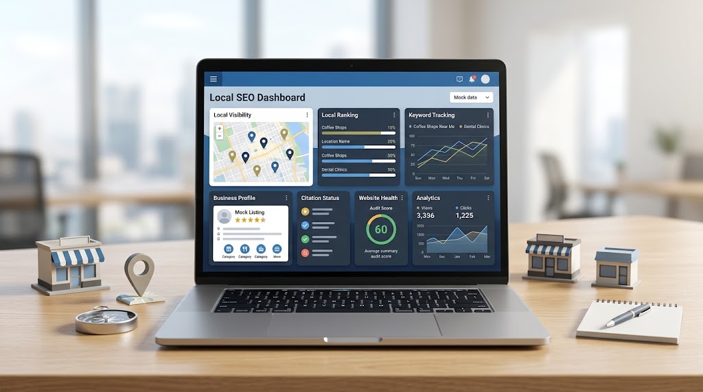 Local SEO software guide showing local rankings, keyword research, business profiles, citations, and SEO analytics