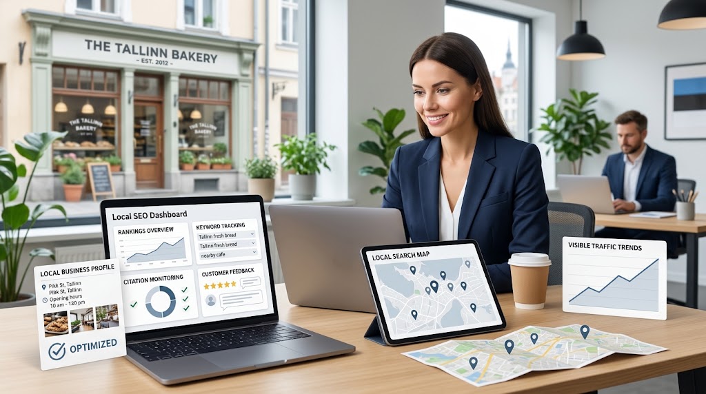 Local SEO workflow for small businesses showing rankings business profiles reviews citations and analytics