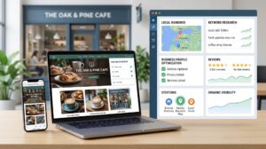 Local SEO tools for small businesses showing local rankings, Google Business Profile, keywords, reviews, and traffic analytics