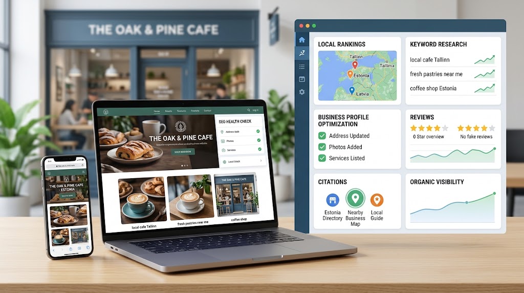 Local SEO tools for small businesses showing local rankings, Google Business Profile, keywords, reviews, and traffic analytics