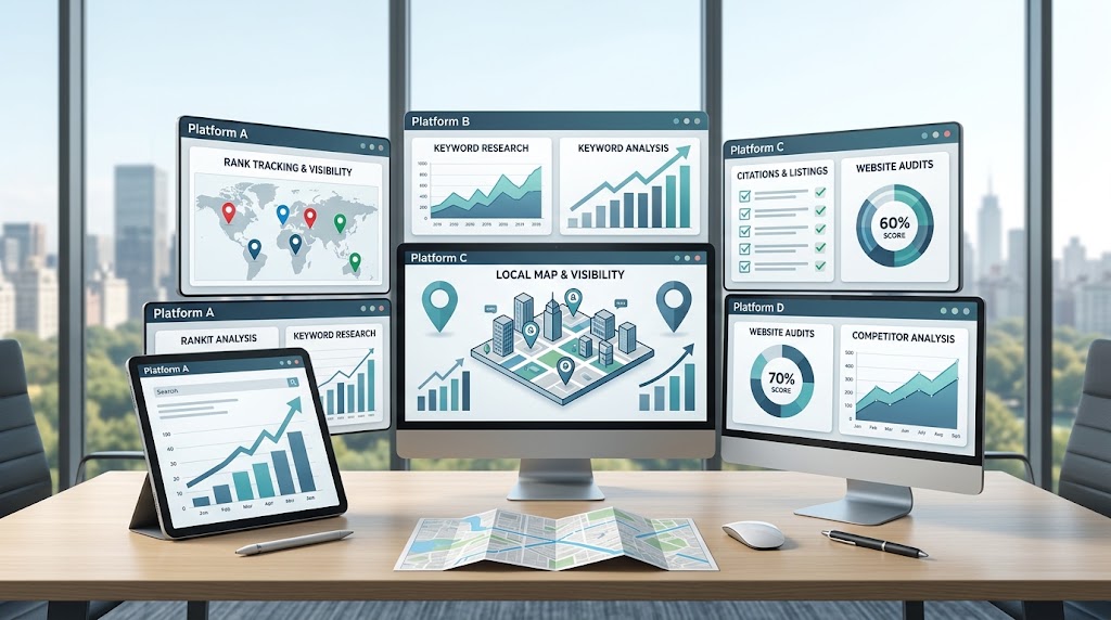 Top local SEO software comparison showing features, pricing evaluation, rankings, keywords, and reporting