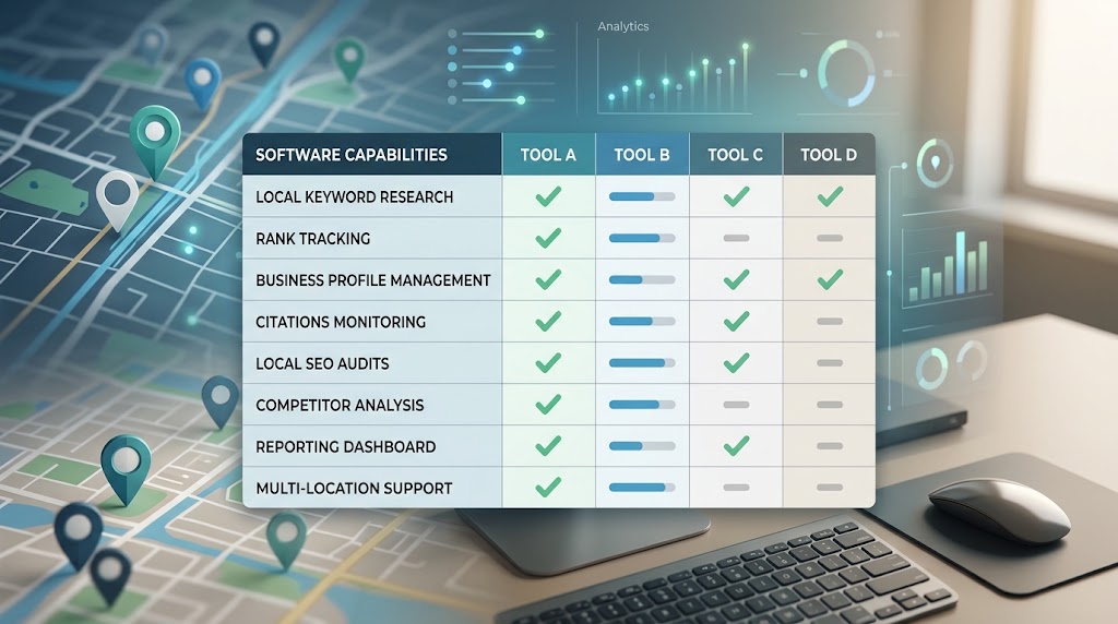 Local SEO software comparison matrix showing keyword rankings citations audits and reporting