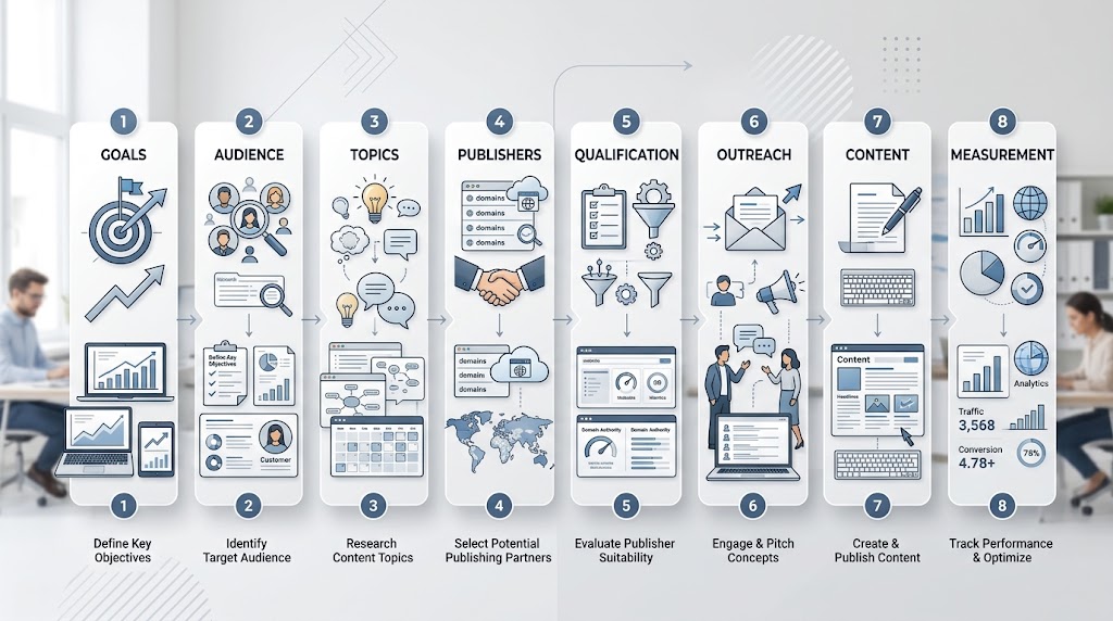 Workflow connecting goals, audience research, publisher selection, content, outreach, and measurement