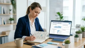 SEO specialist researching long-tail keywords and Google search visibility on a laptop