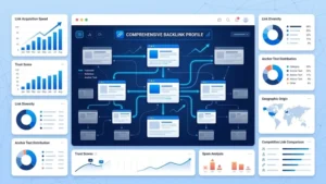 SEO dashboard illustrating backlink analysis and website link growth