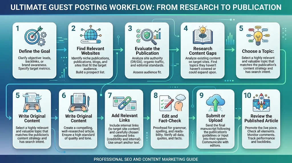 UploadArticle guest posting workflow from research to publication