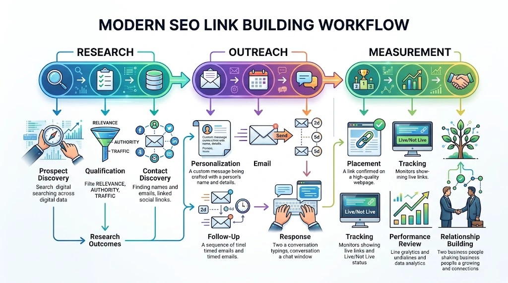 Backlink outreach strategy diagram showing the complete link-building workflow