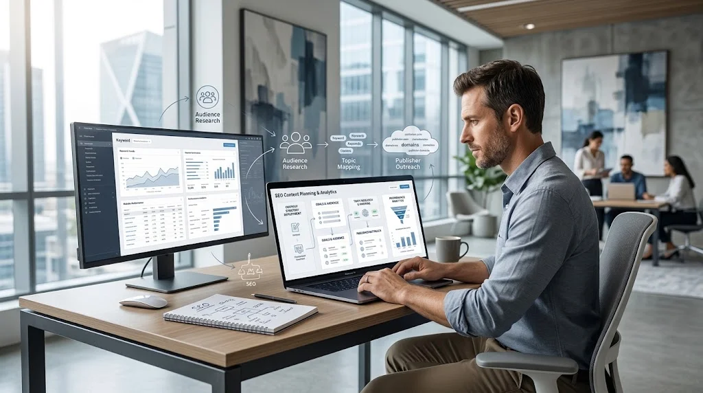 SEO strategist planning a structured content publishing campaign