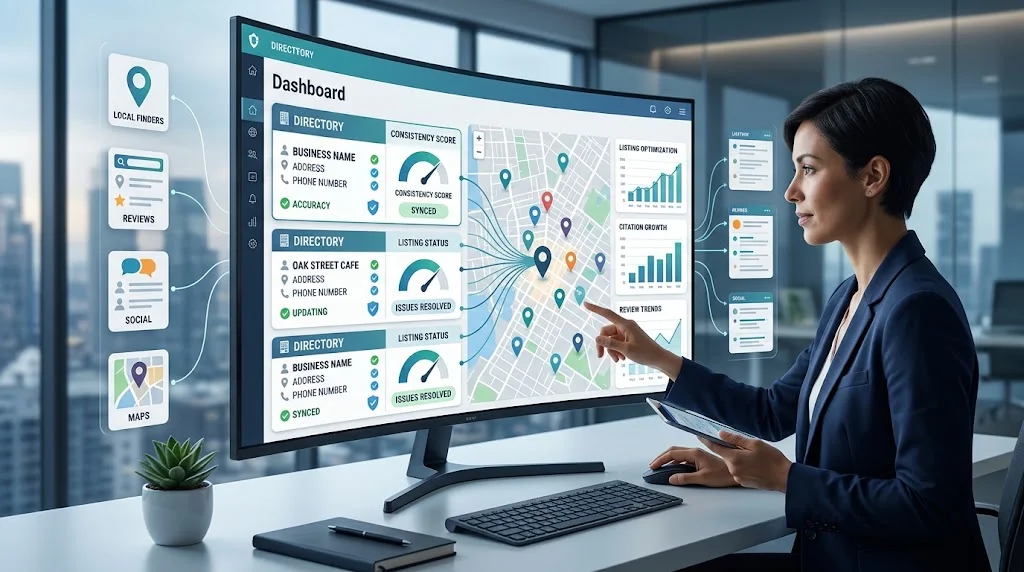 Local citation management software showing business listings, citation accuracy, directories, and local SEO data