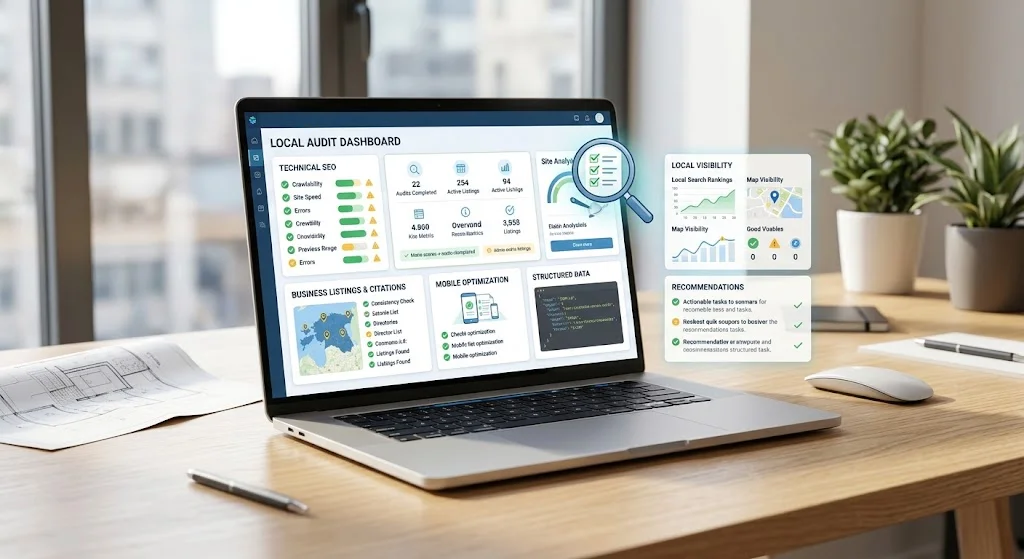 Local SEO audit software showing website audits, local ranking issues, business listings, technical SEO checks, and recommendations